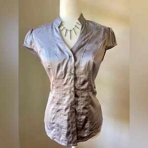 Beautiful Silky Silver Button Down Cap Sleeve Blouse